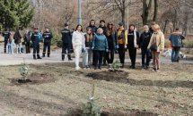 Група людей стоять біля садженця.