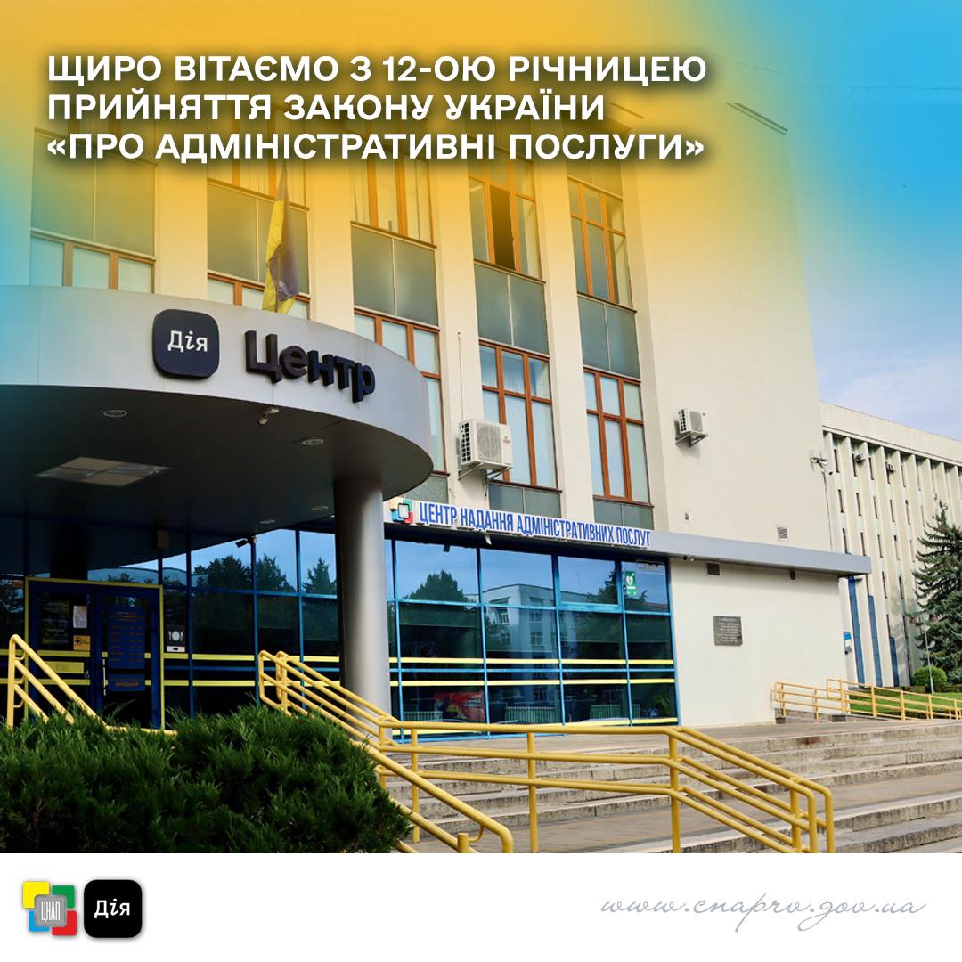 Дорогі адміністратори Центрів надання адміністративних послуг! Вітаємо Вас з 12-ою річницею прийняття Закону України «Про адміністративні послуги»!