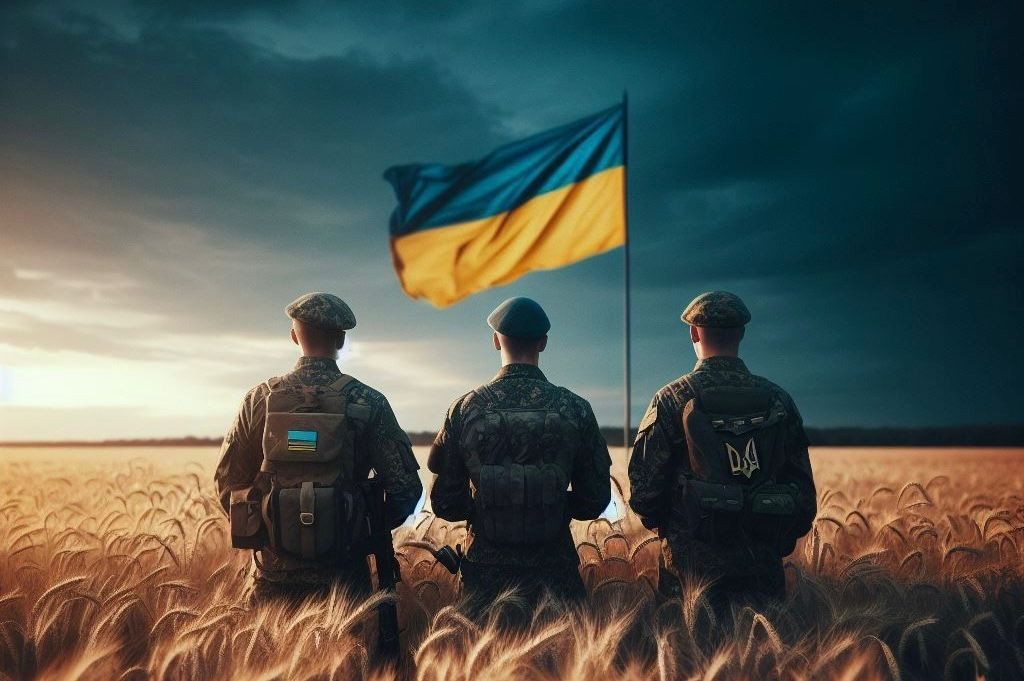 Троє військових стоять у полі пшениці, перед ними майорить український прапор.