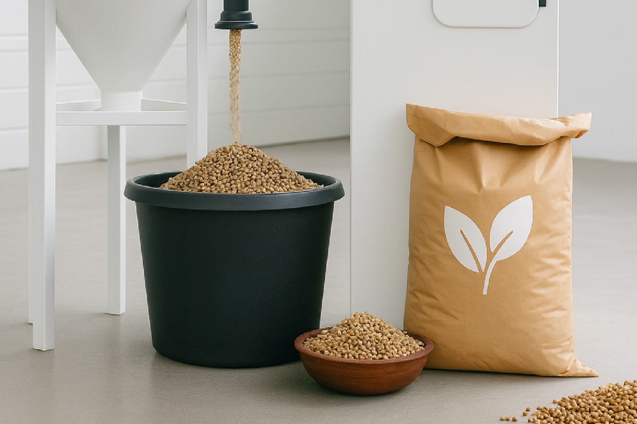 Зернопереробне обладнання, з труби сиплються зерна в чорний контейнер, поруч стоїть мішок із зерном.