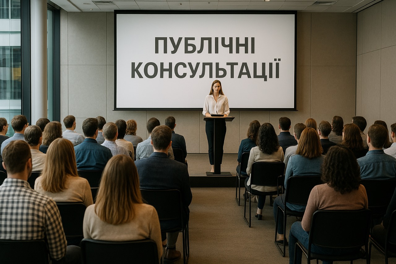 Жінка стоїть за трибуною перед великою аудиторією, на екрані позаду написано Публічні консультації