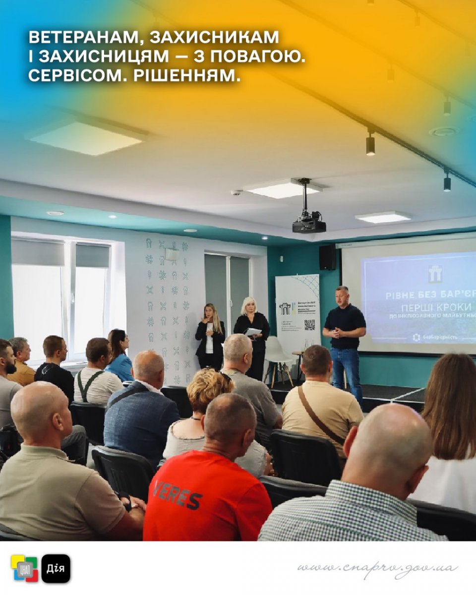 Аудиторія слухає презентацію в конференц-залі, на екрані — слайди з інформацією.