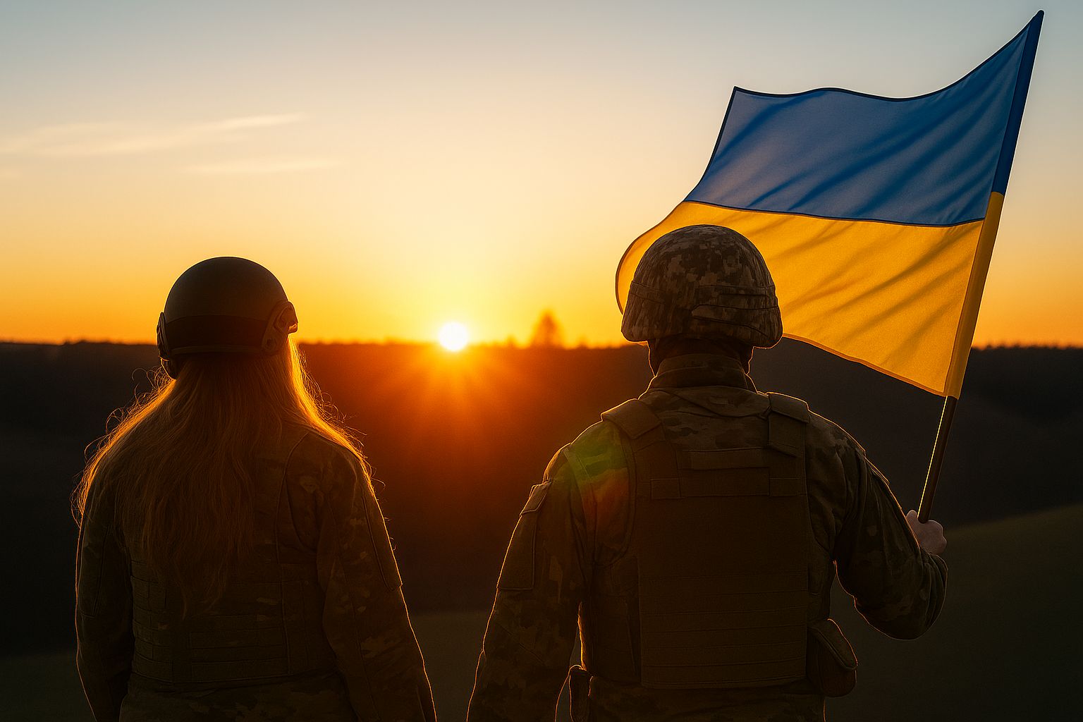 Військові з прапором України на заході сонця.