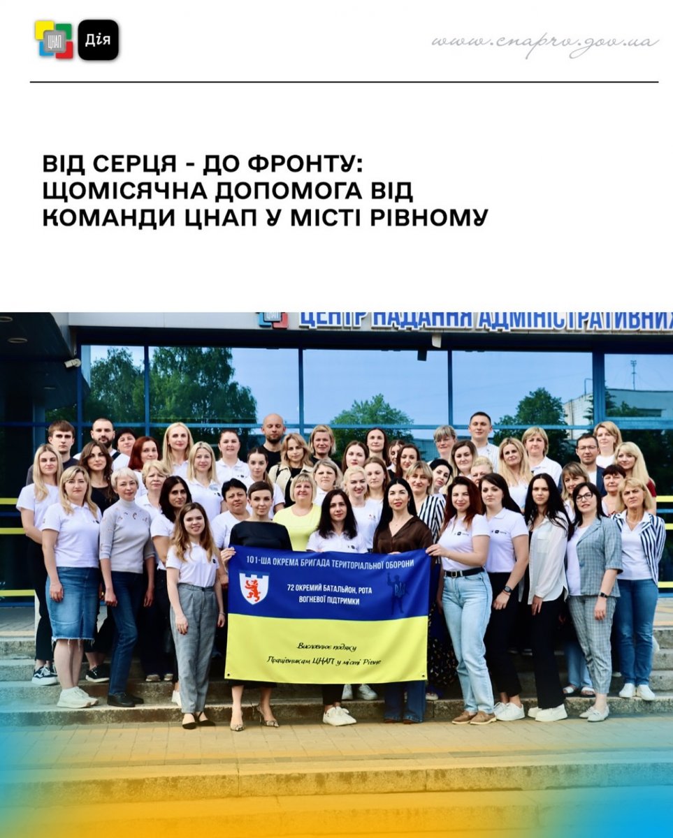 Групове фото на фоні будівлі. Учасники тримають прапор.