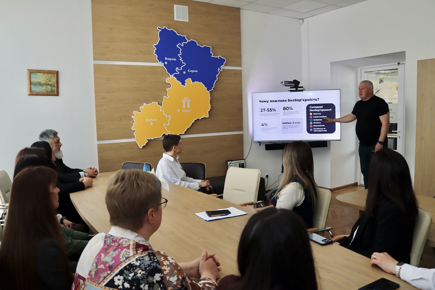 Презентація в офісі: спікер біля екрана, люди сидять за столом, на стіні мапа Рівненської області.
