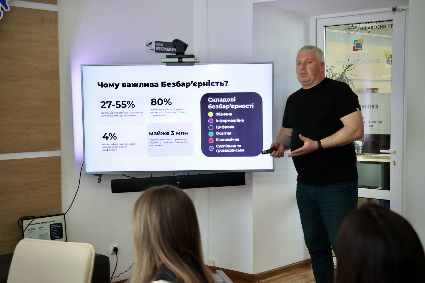Чоловік проводить презентацію про безбар’єрність, стоїть біля екрана з інфографікою.