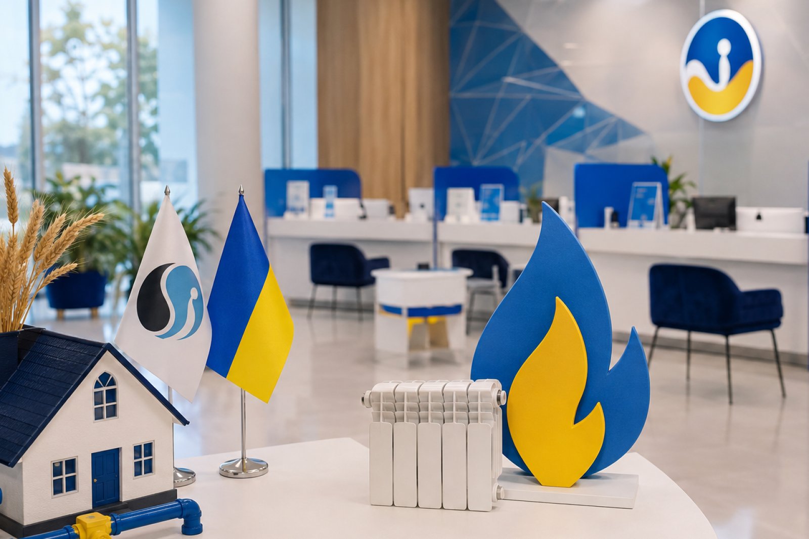 У приміщенні зображені прапори України та установи, макет будинку, радіатор і символ газопостачання.