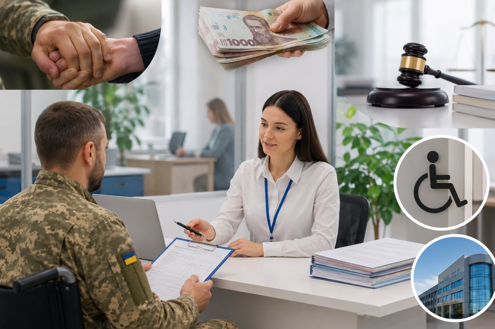 Військовослужбовець спілкується з працівницею установи, навколо зображені гроші, суддівський молоток, символ доступності та адміністративна будівля.