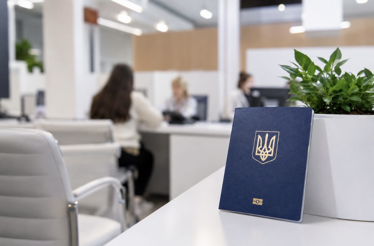 Паспорт синього кольору, на задньому фоні - двоє людей сидять за столом.