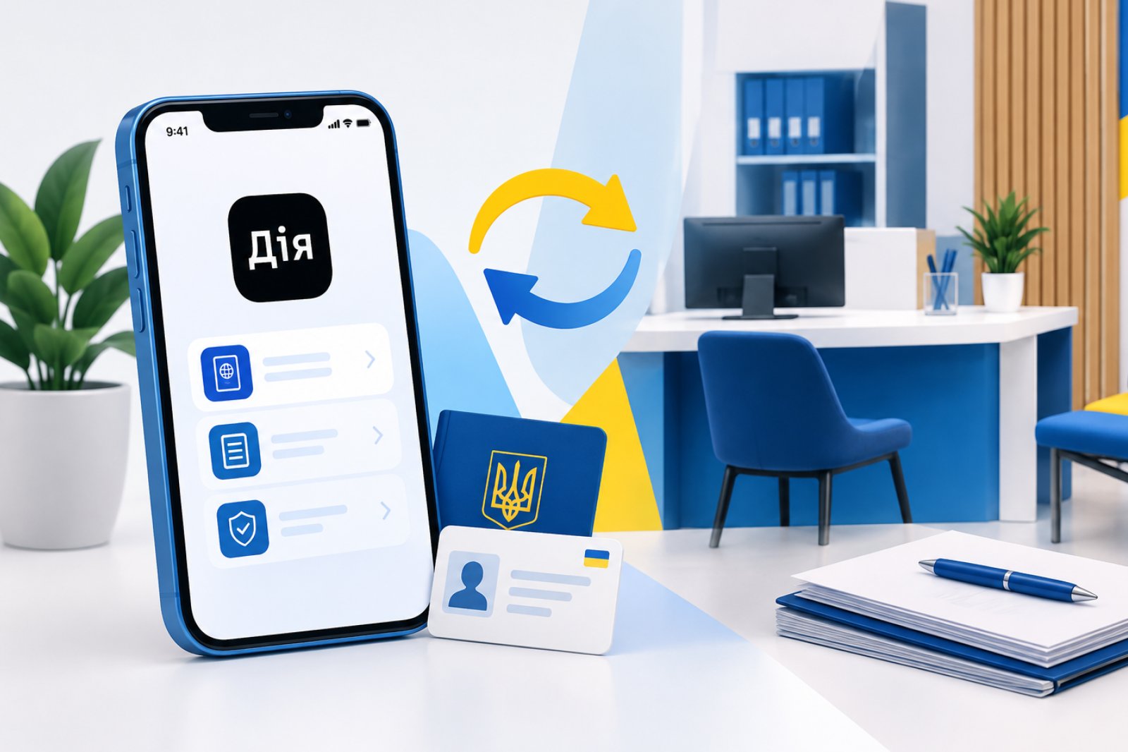 Смартфон із застосунком «Дія», паспорти та робоче місце.