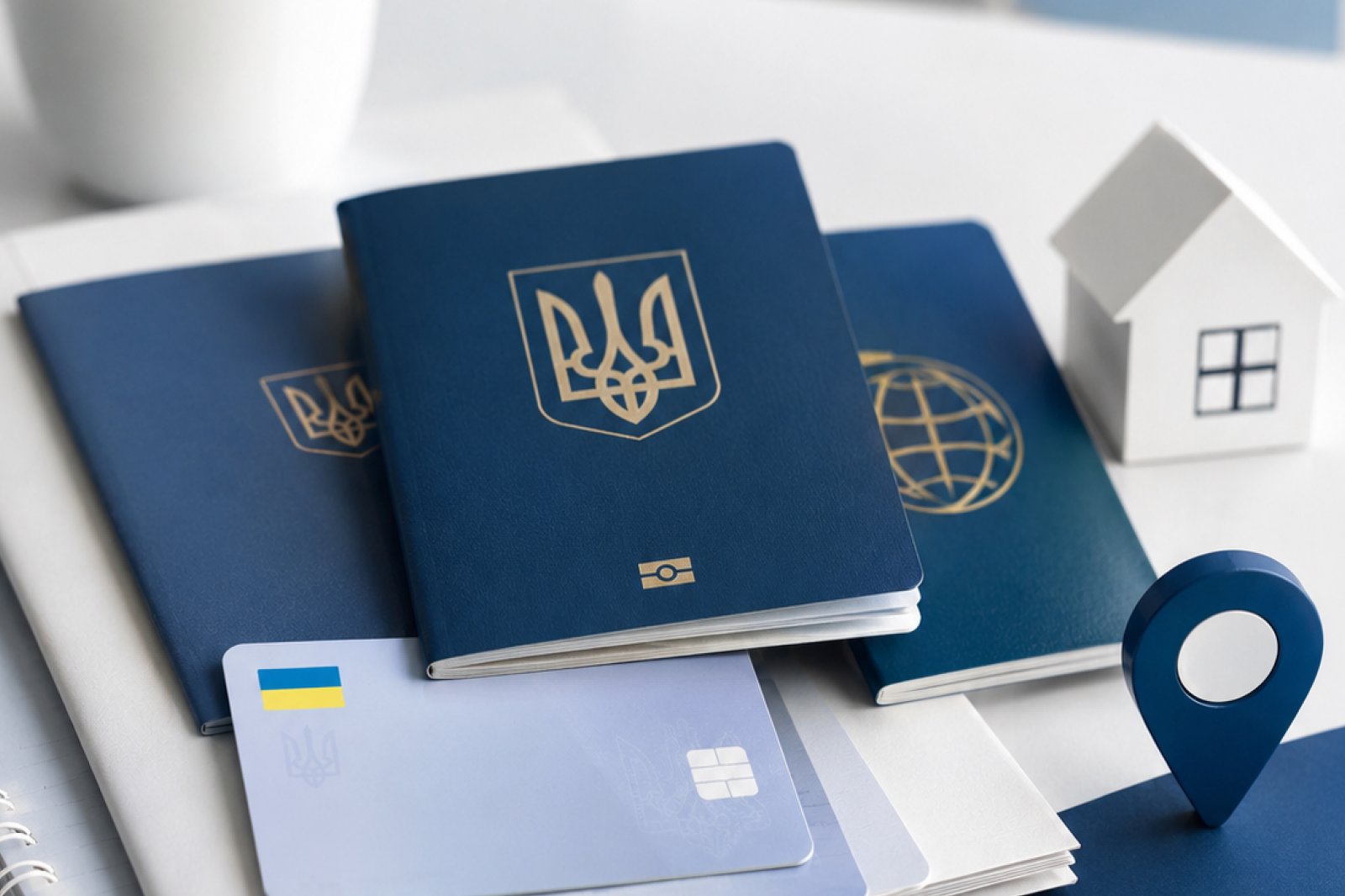 Фотографія українських документів, банківської картки та символів геолокації й житла на білому фоні