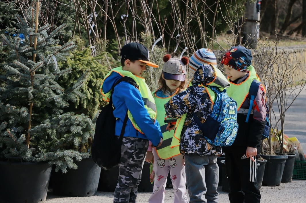 Три хлопчики та дівчинка стоять біля саджанців дерев.