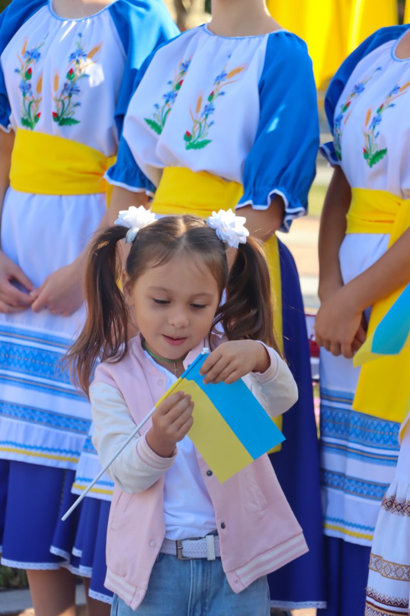 Дівчинка тримає прапор України.