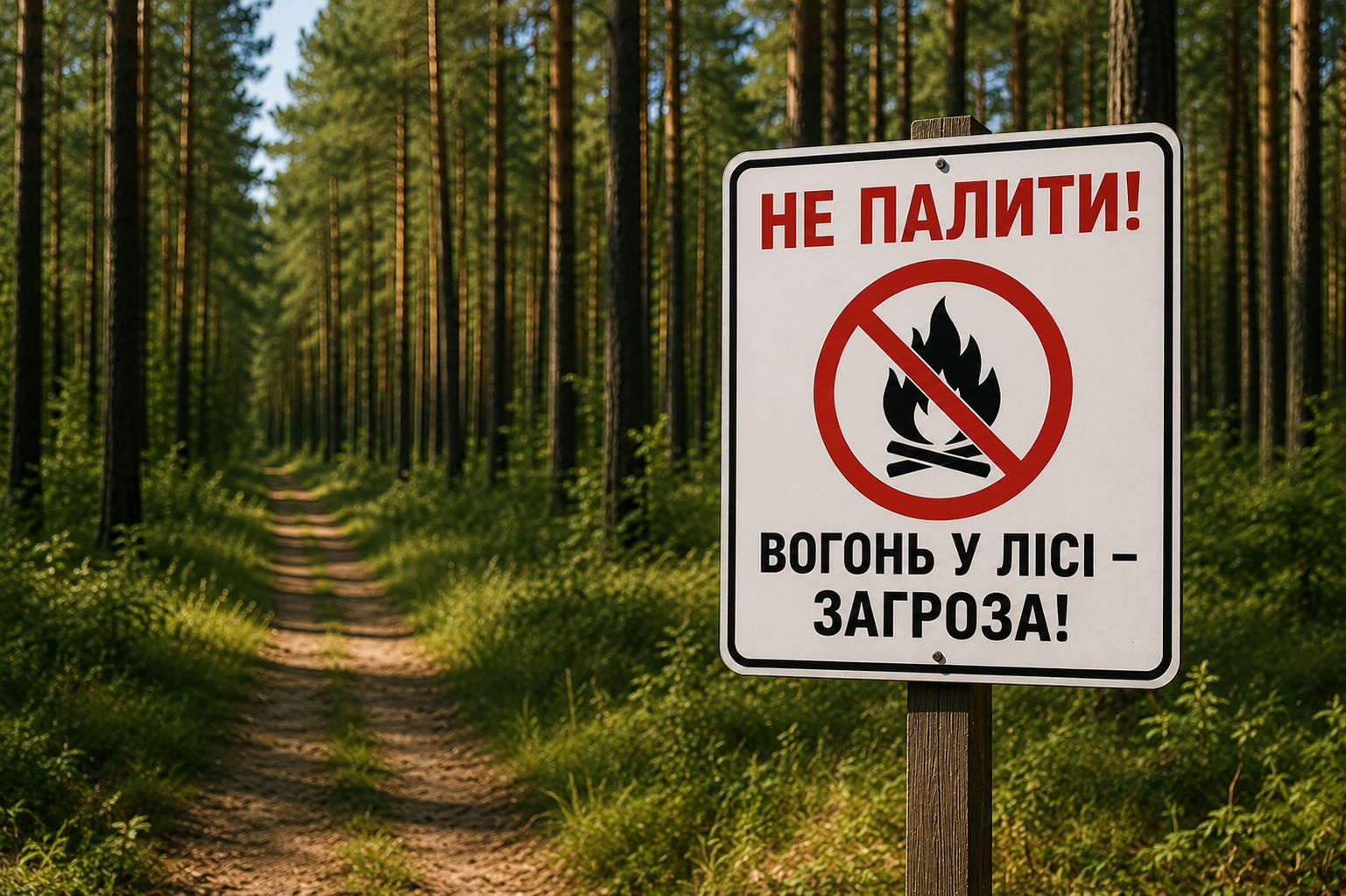 Ліс, попереду табличка з написом Не палити! Вогонь у лісі - загроза! 