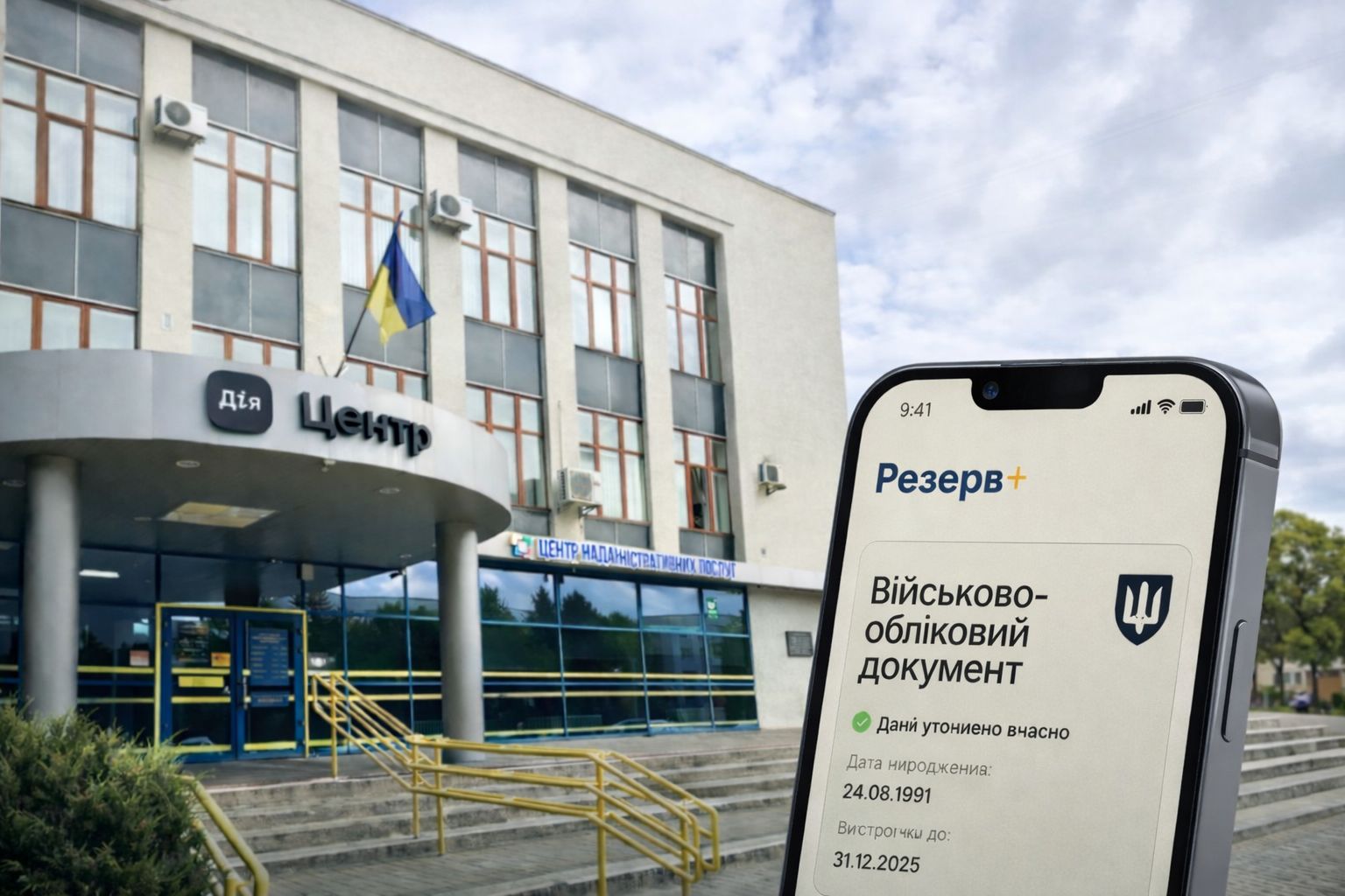 Будівля «Дія.Центр» і смартфон із застосунком «Резерв+» на передньому плані.